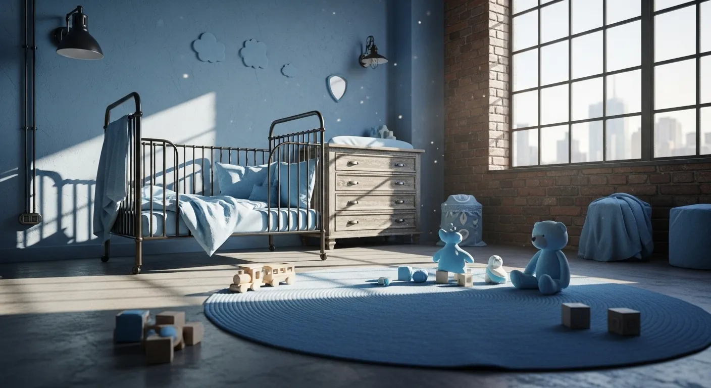 Stylish industrial nursery featuring sky blue decor and playful design elements for kids.