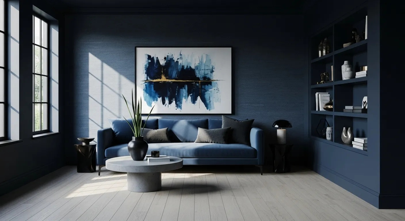 Modern living room styled in inky midnight blue featuring a chic sofa and stylish decor
