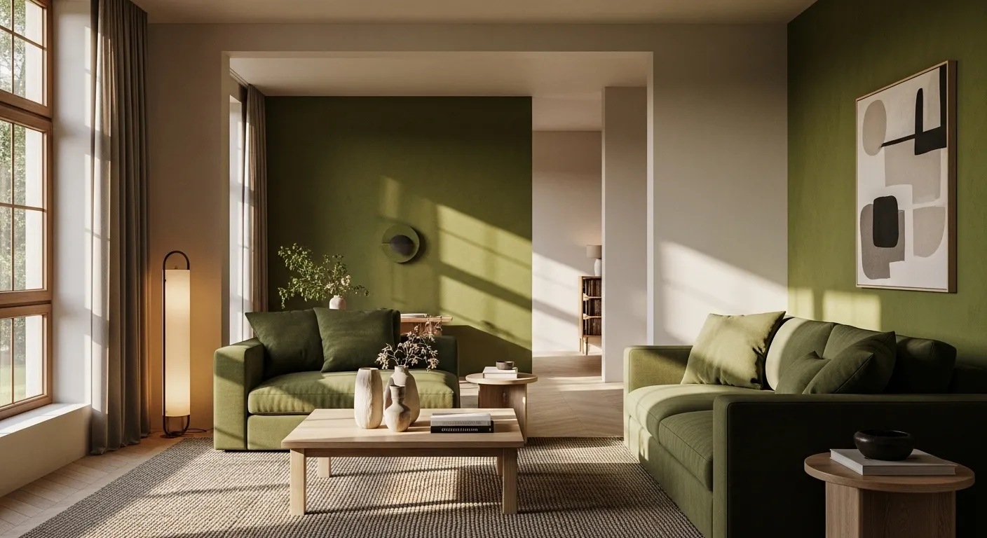 A serene Japandi-style living room featuring a moss green color palette and natural decor.