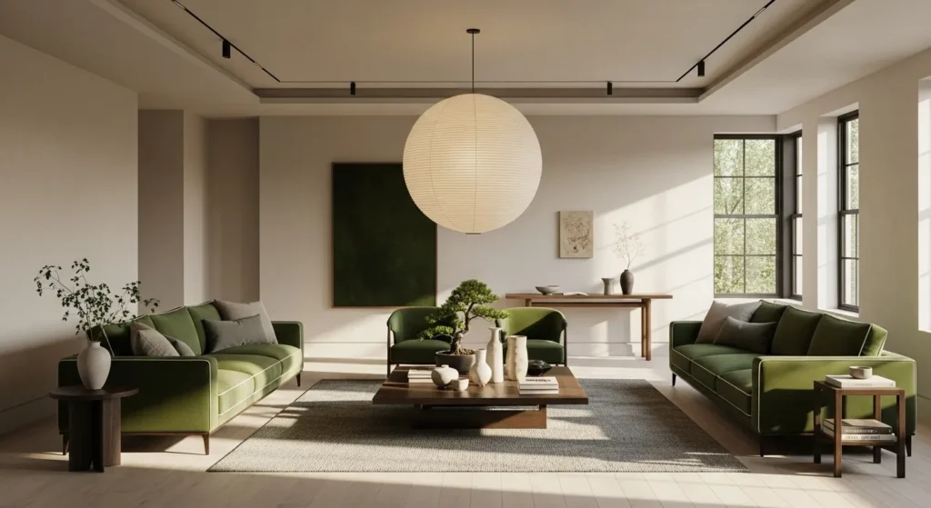 Stylish Japandi living room featuring moss green sofas and natural decor elements.