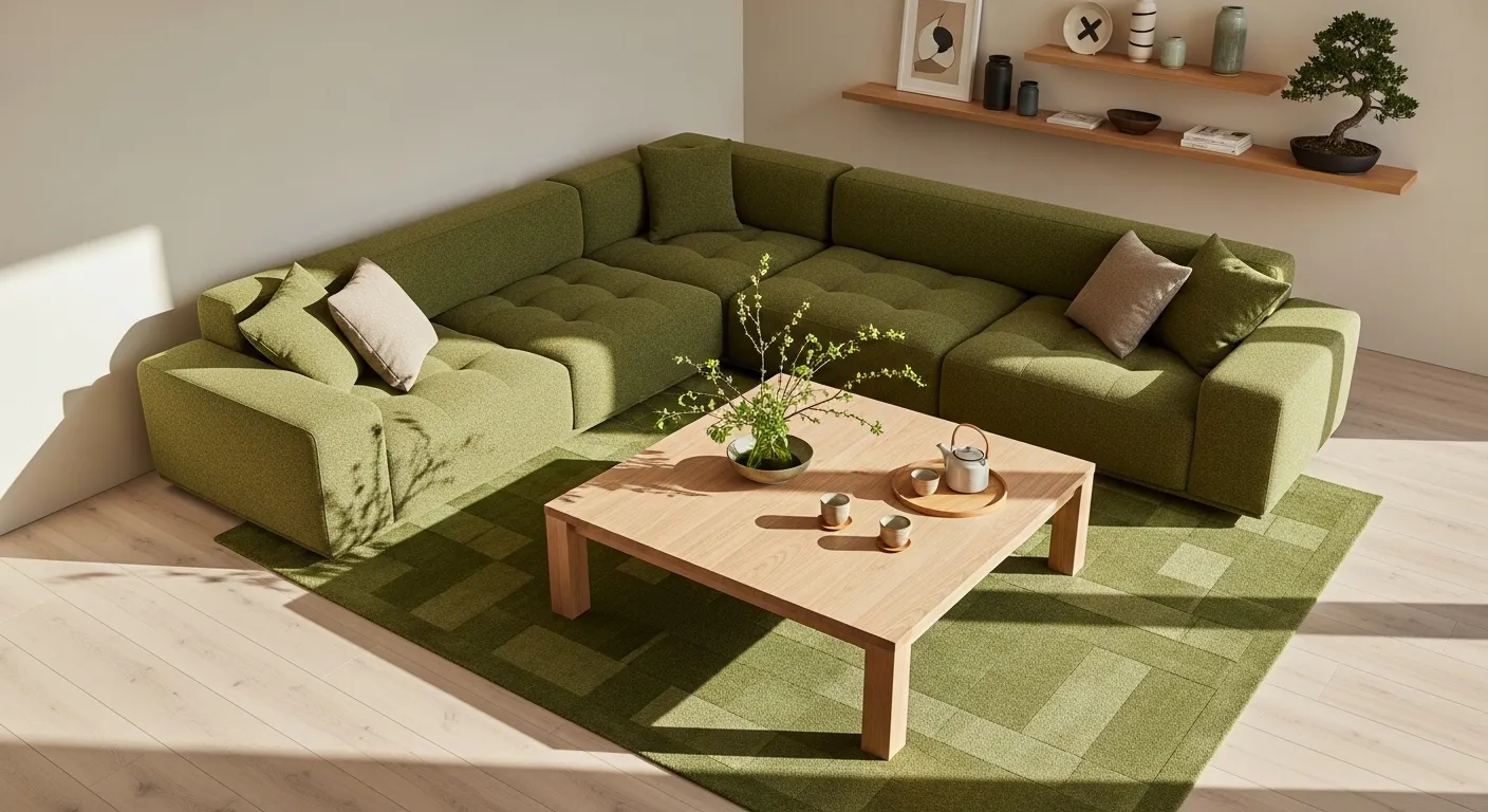Stylish Japandi living room featuring moss green sofa and decor for a serene atmosphere.