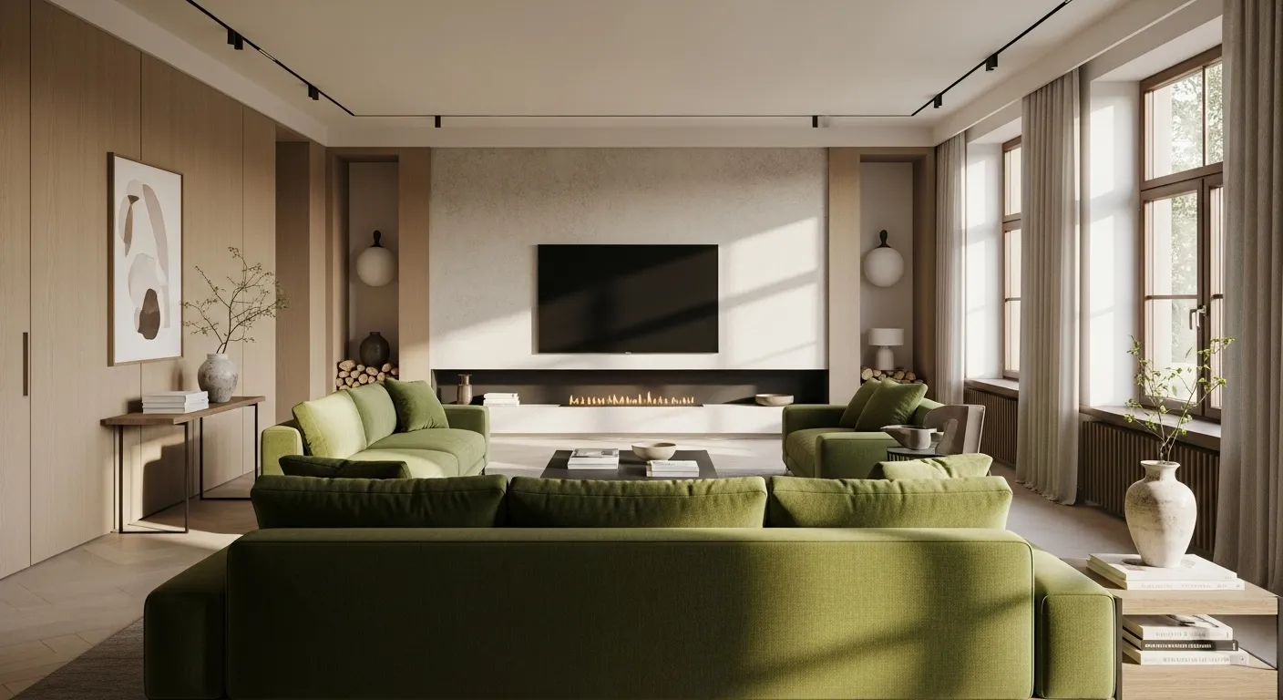 Japandi style living room featuring moss green sofas and natural wood accents.