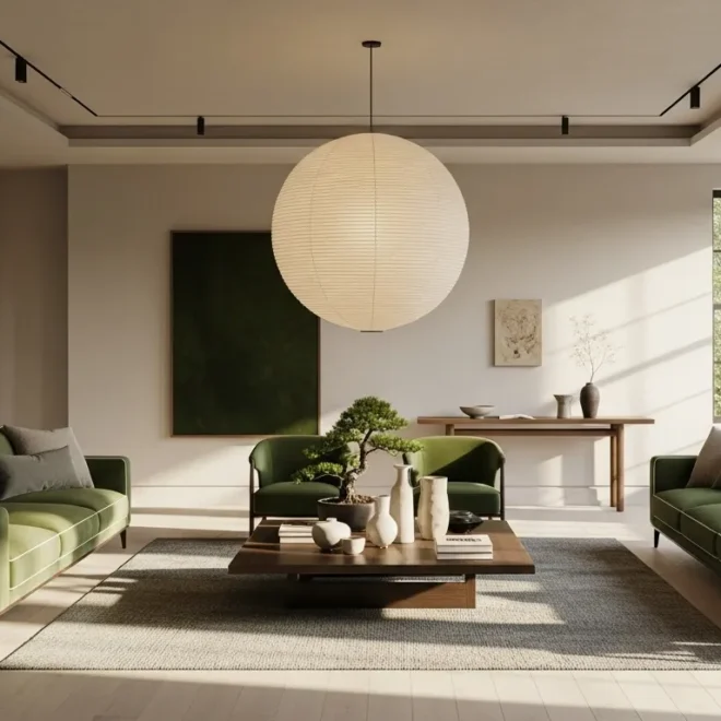 Stylish Japandi living room featuring moss green sofas and natural decor elements.
