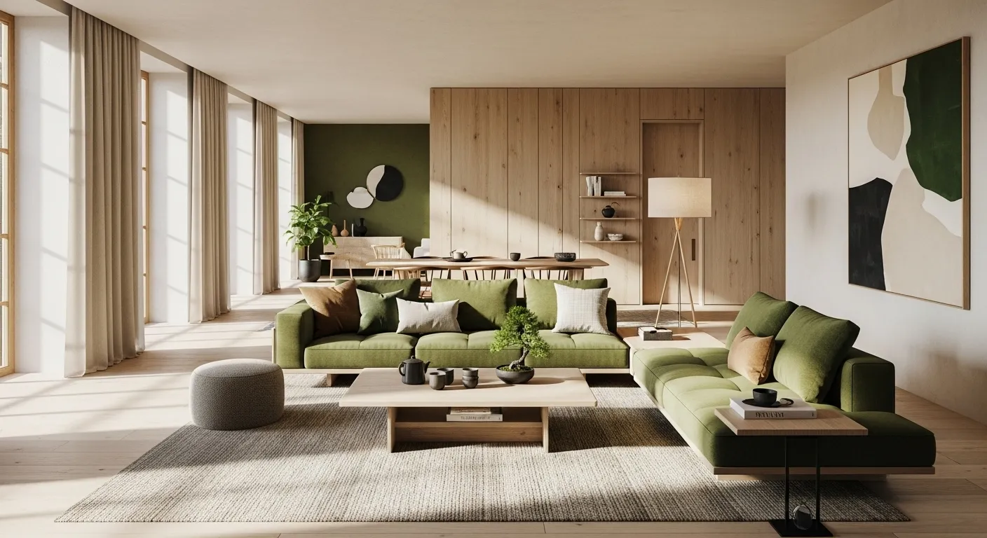 Japandi style living room featuring moss green accents, natural light, and minimalist decor.