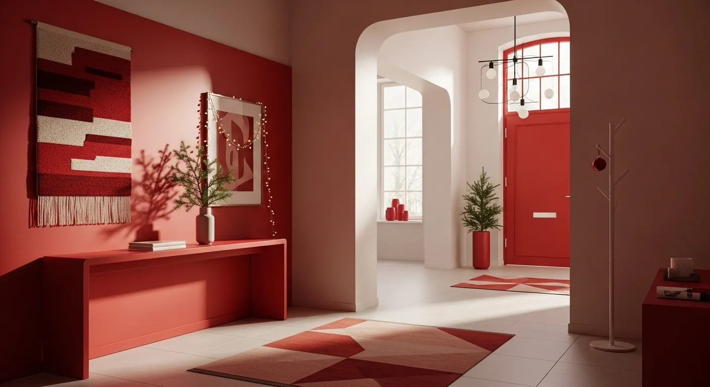 Minimalist entryway decorated for Christmas in red color palette with cozy accents.