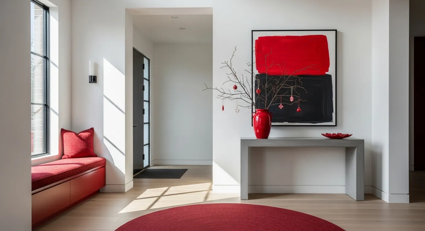 Minimalist entryway decorated for Christmas with red accents and modern decor