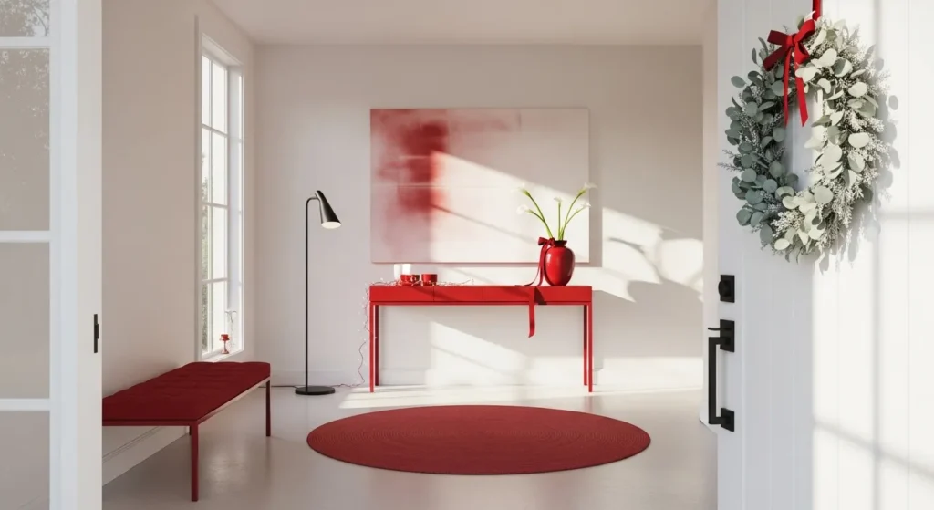 Minimalist entryway decorated for Christmas with red accents and simple decor.