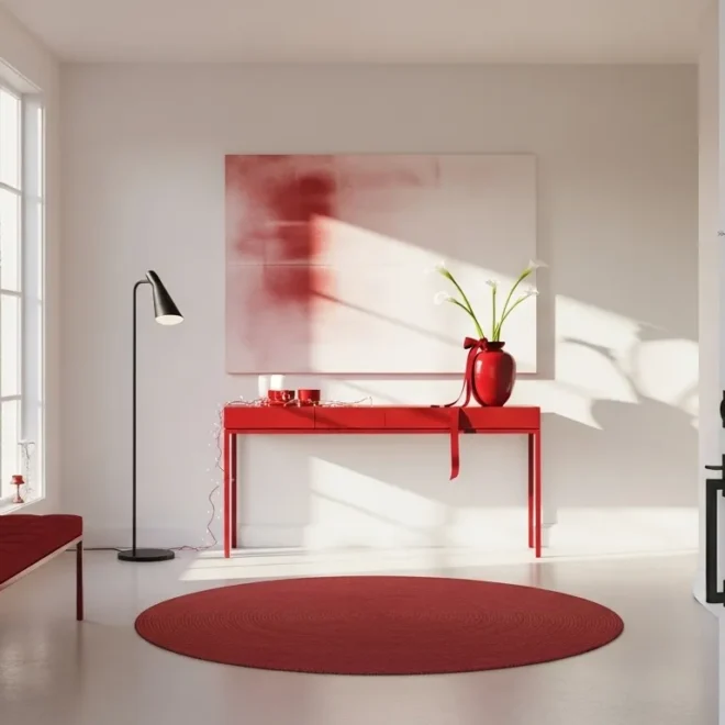 Minimalist entryway decorated for Christmas with red accents and simple decor.
