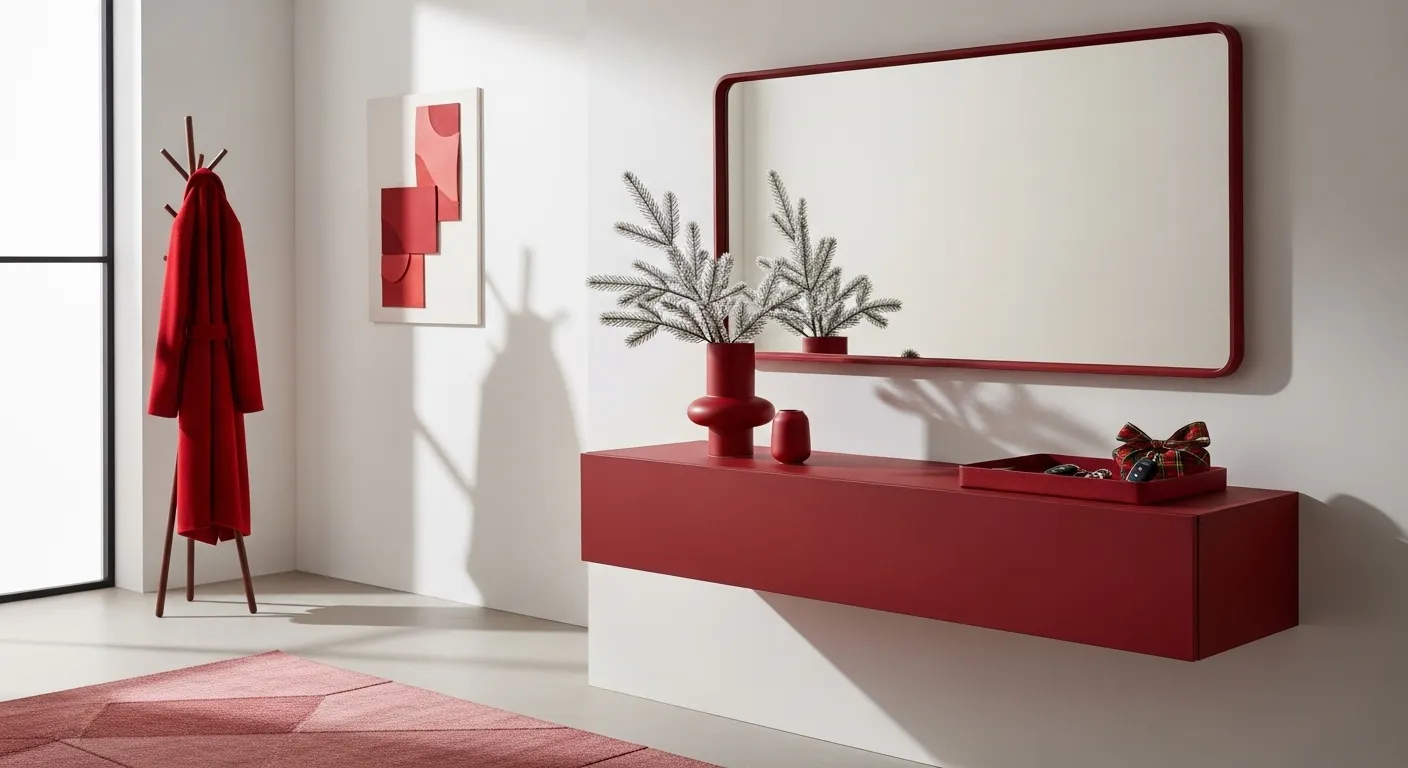 Minimalist entryway decor for Christmas with red color palette and modern design