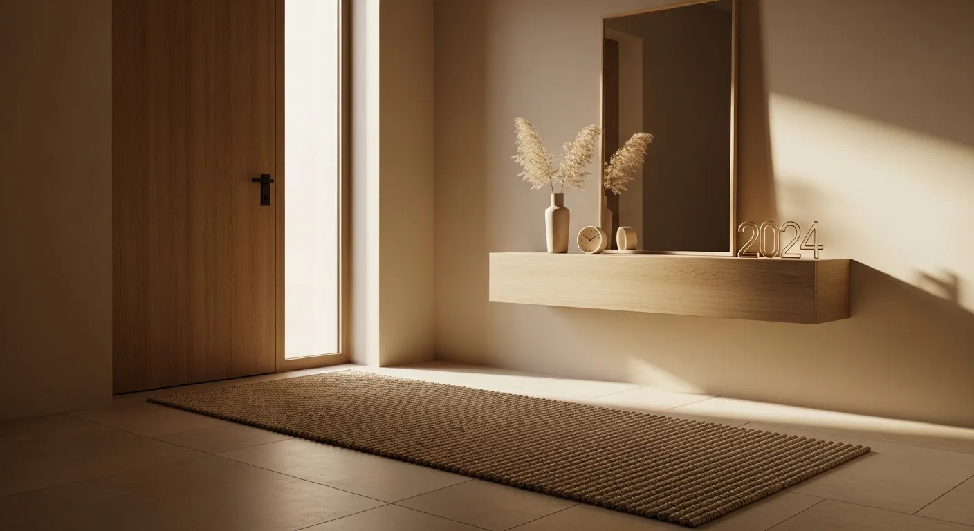 Minimalist entryway styled for New Year's Eve with beige tones and natural decor.