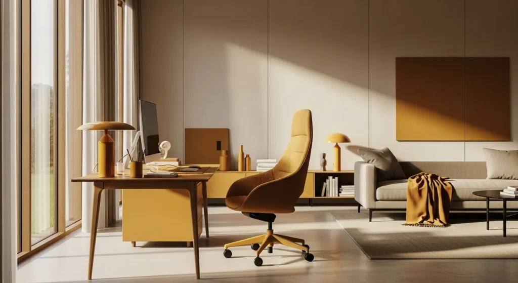 Stylish minimalist home office featuring a mustard color palette, modern furniture, and natural light.