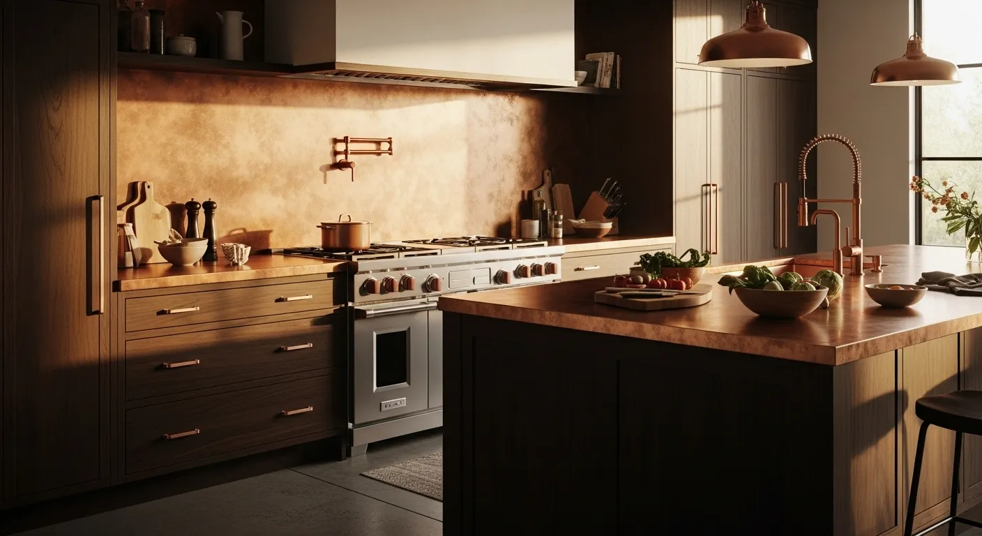 Stylish modern kitchen featuring copper accents and a warm color palette for everyday use.