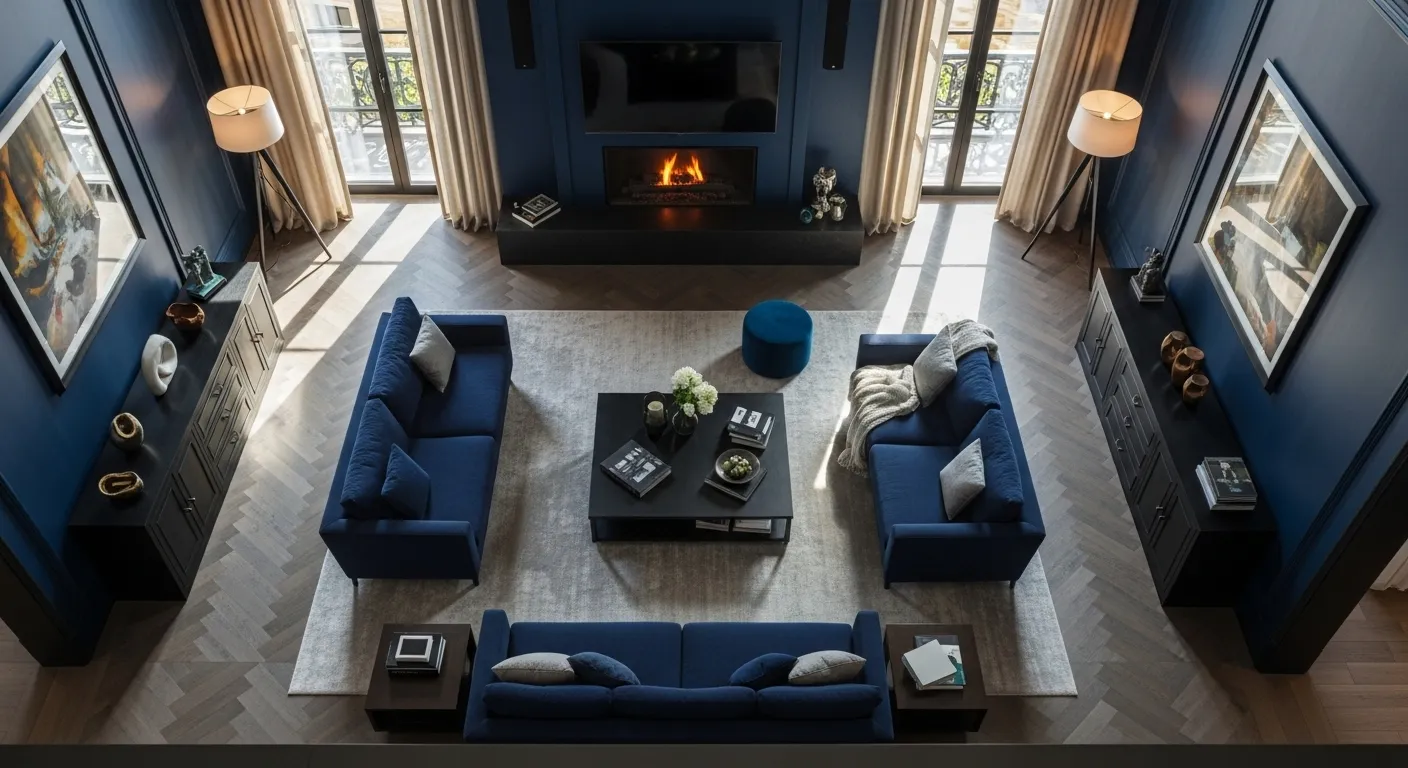 Modern living room design featuring inky midnight blue color palette with elegant furnishings.