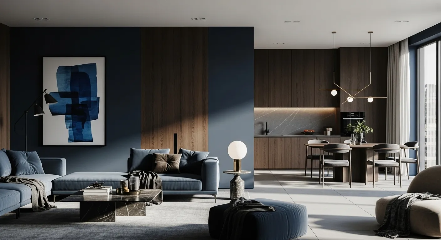 Stylish modern living room featuring inky midnight blue accents and elegant decor.