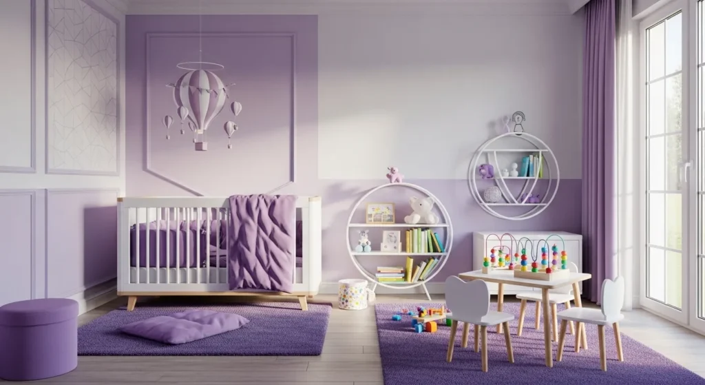Beautiful modern nursery decorated in pastel purple colors, featuring a crib, toys, and playful decor.