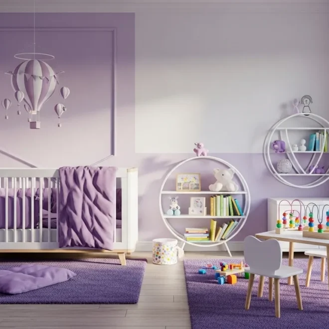 Beautiful modern nursery decorated in pastel purple colors, featuring a crib, toys, and playful decor.