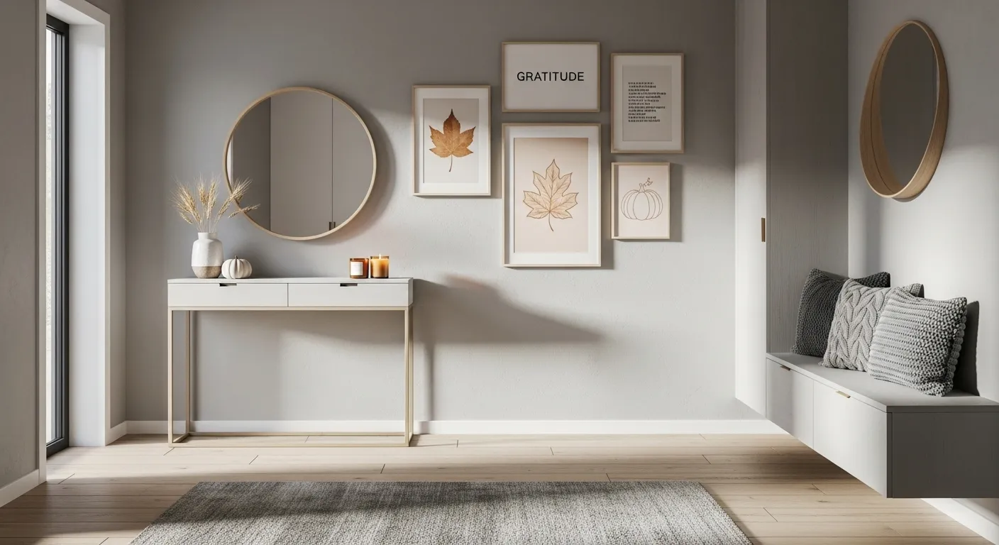 Stylish Scandi entryway decorated for Thanksgiving with light gray tones and autumn accents.