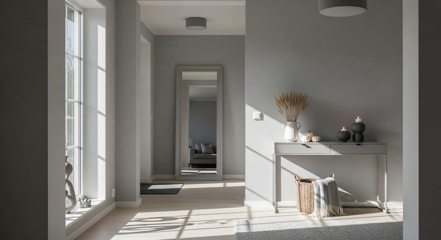 Scandinavian style entryway decorated for Thanksgiving in light gray with candles and natural elements.