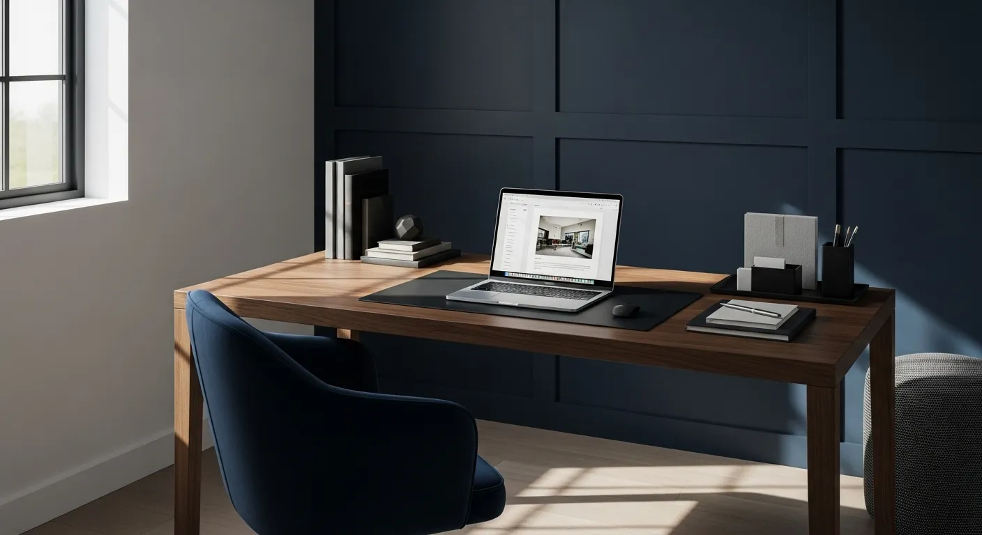 Minimalist home office with inky midnight blue walls and wooden desk, perfect for everyday inspiration.