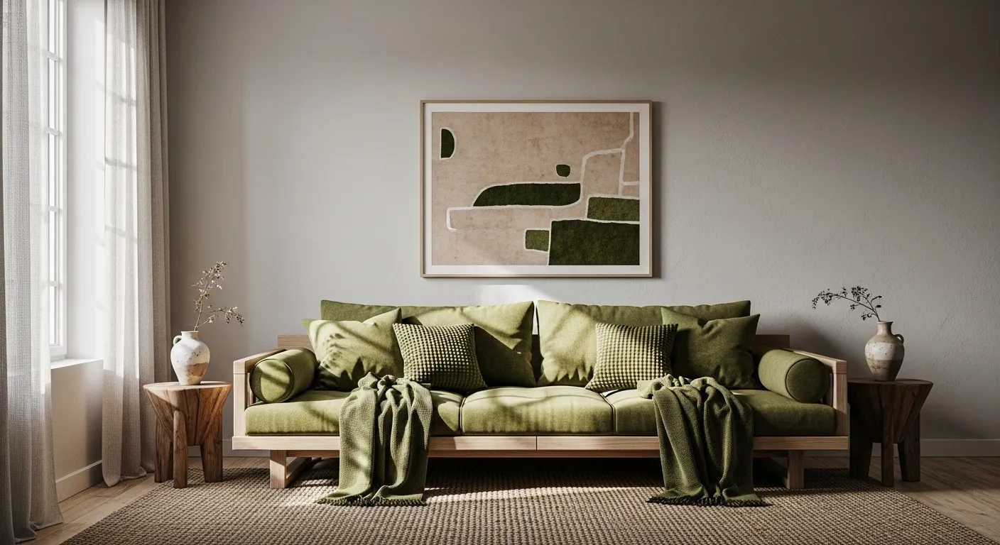 Japandi living room with moss green accents and natural textures for a serene atmosphere.