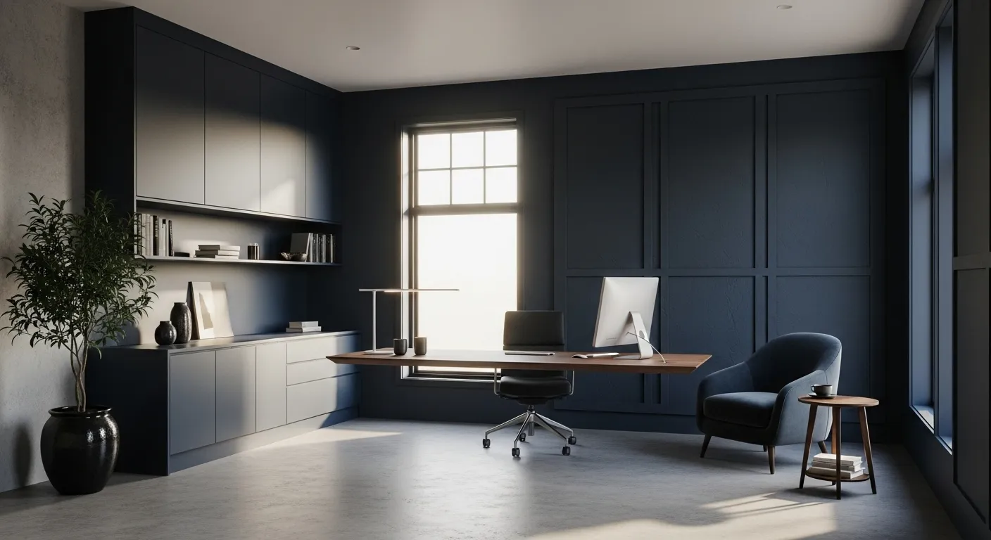 Stylish minimalist home office featuring inky midnight blue color palette and sleek furnishings.