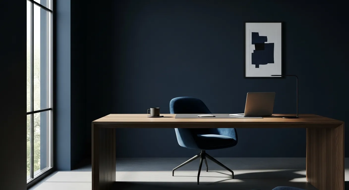 Minimalist home office design in inky midnight blue with a sleek desk and chair.