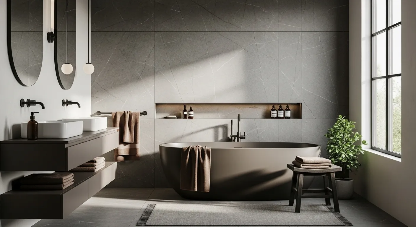 Stylish minimalist bathroom with truffle color palette featuring a modern bathtub and elegant fixtures.