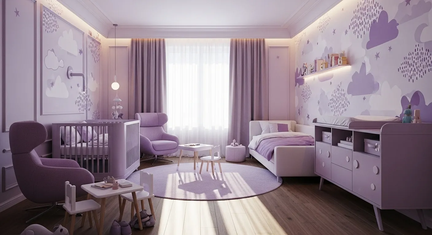 Modern nursery with pastel purple decor, featuring cozy furniture and playful cloud patterns.