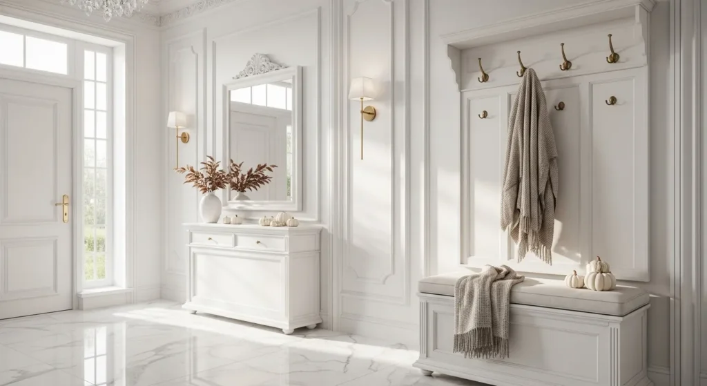 Classic luxury entryway with white color palette, autumn decor, and elegant furnishings.