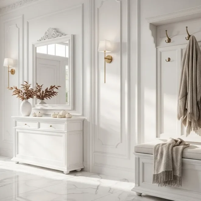 Classic luxury entryway with white color palette, autumn decor, and elegant furnishings.