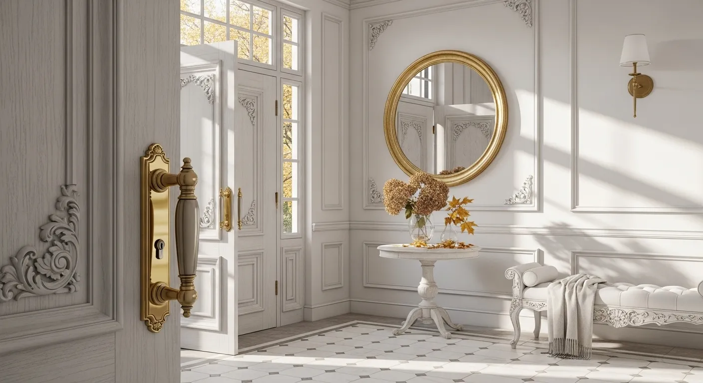 Classic luxury entryway with white walls and autumn decor featuring gold accents and floral arrangements.