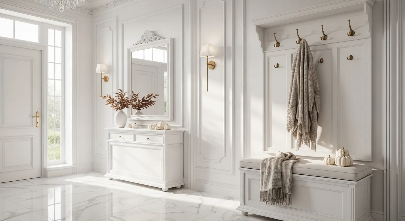 Classic luxury entryway with white color palette, autumn decor, and elegant furnishings.
