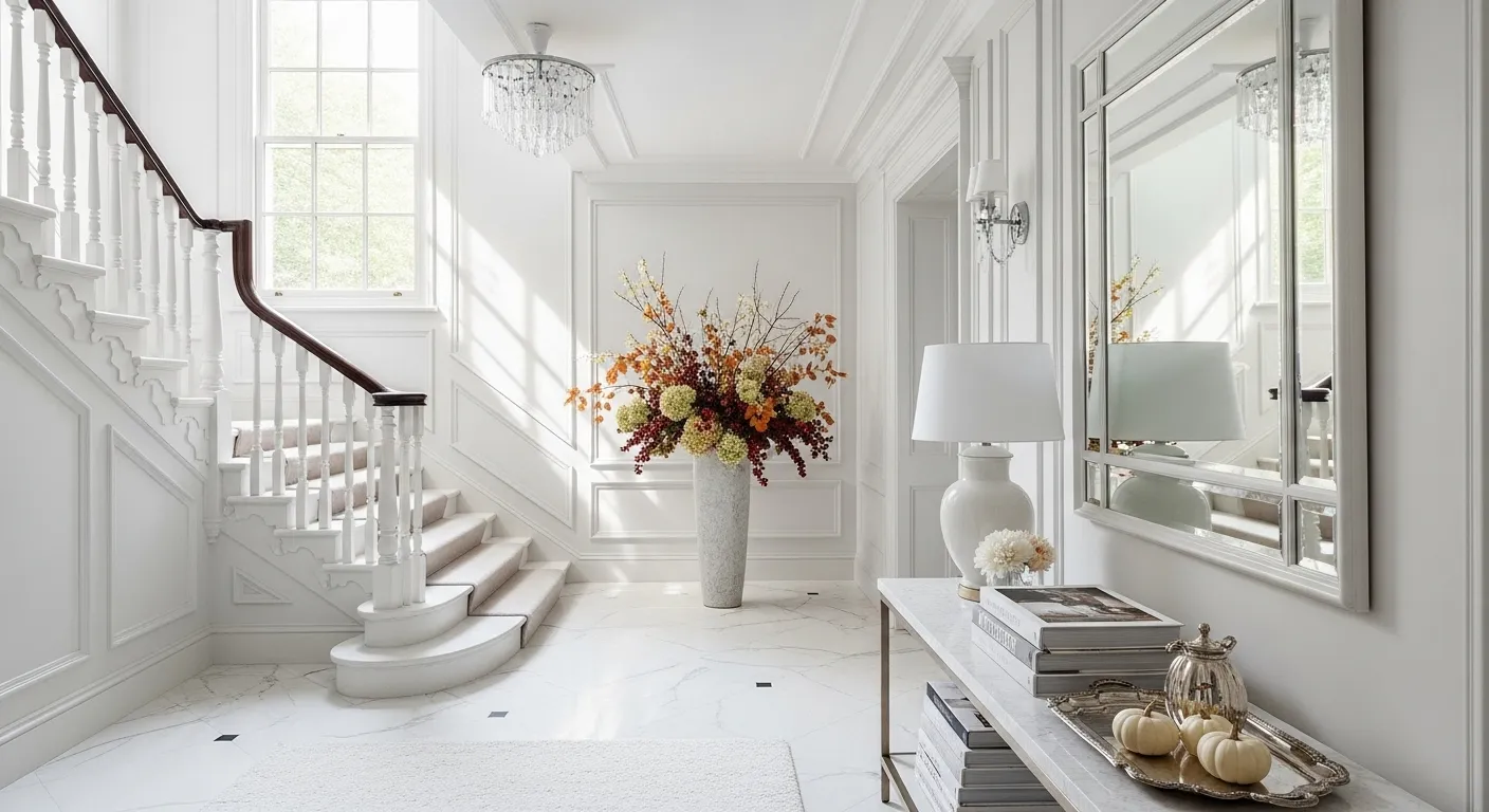 Classic luxury entryway with white decor and autumn floral arrangement.