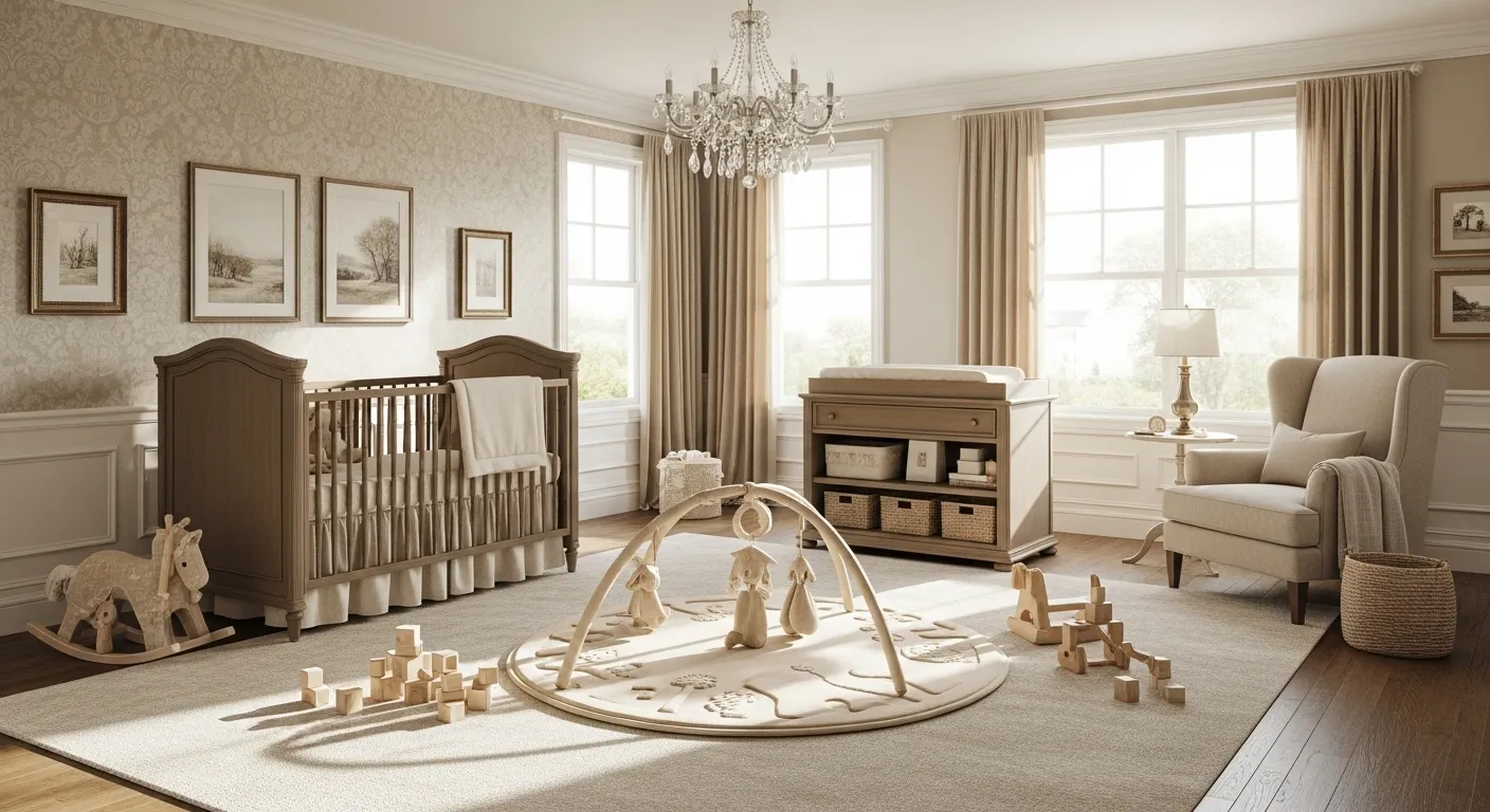 Classic luxury nursery with beige color palette and elegant decor features.
