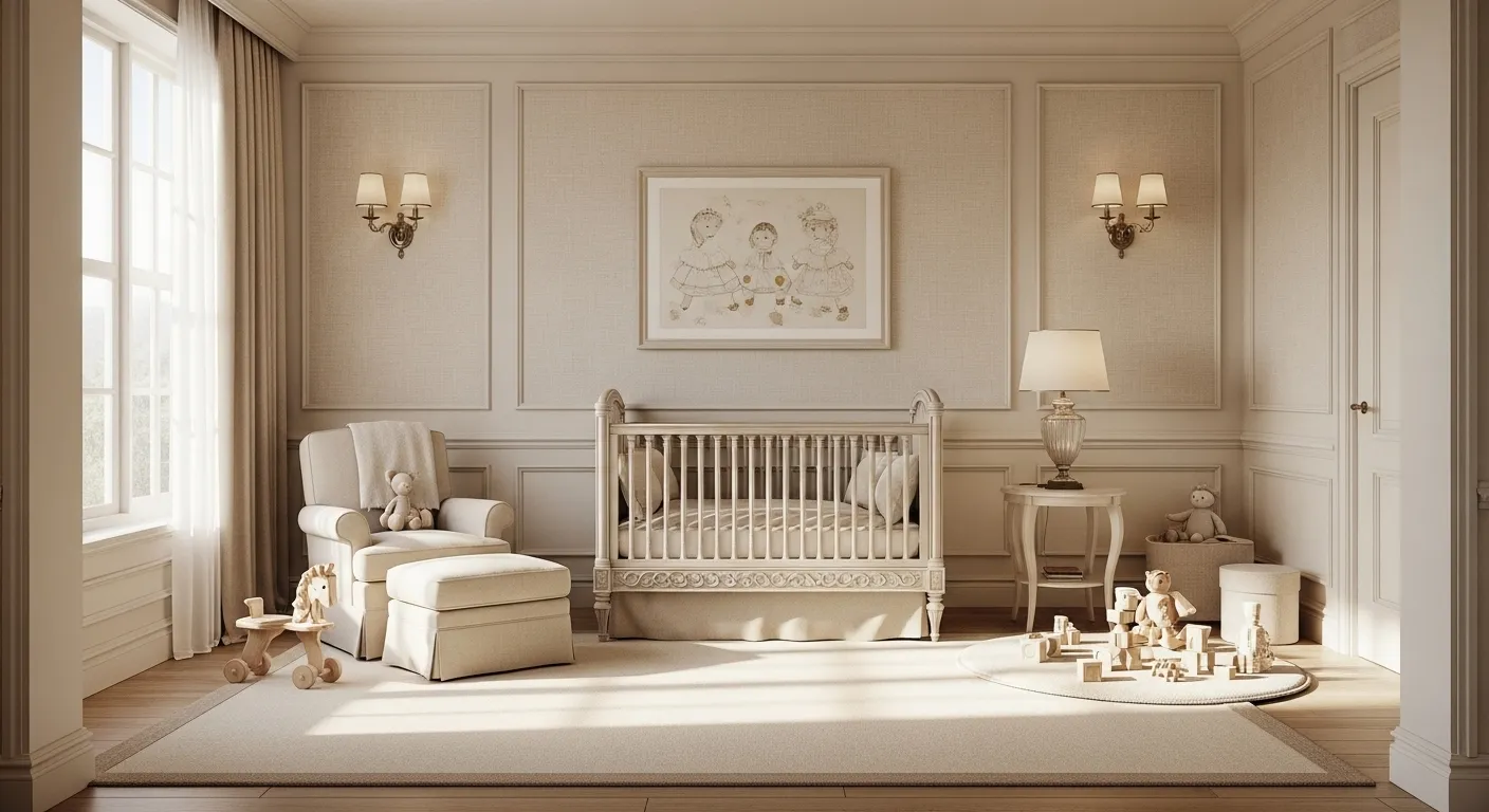 Classic luxury nursery with beige color palette, cozy crib, and soft lighting.