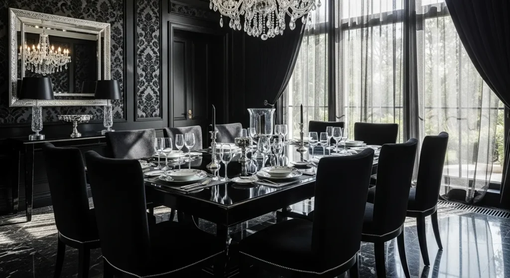 Classic luxury dining room featuring black decor with chandelier and elegant table settings.