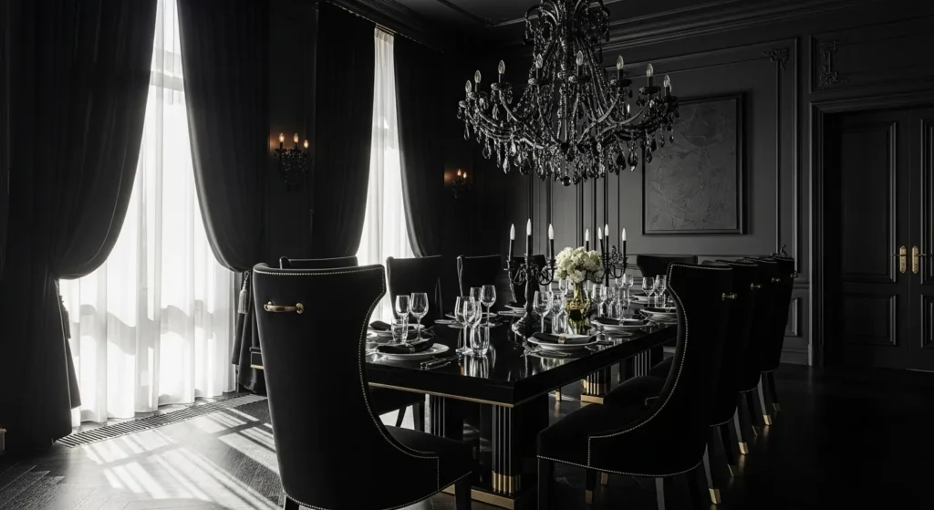 Classic luxury dining room with black decor, chandelier, and elegant dining table setting.
