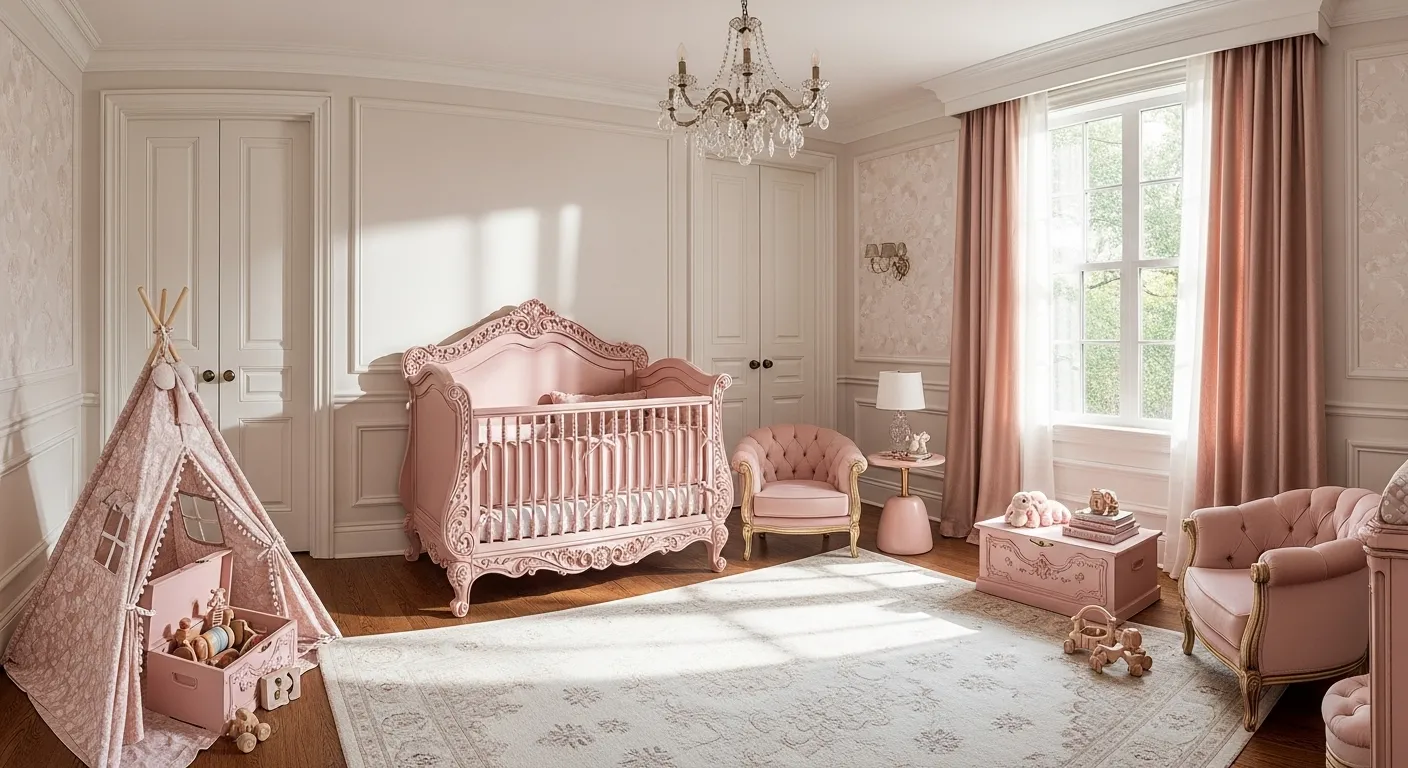 Classic luxury nursery in blush tones with elegant furniture and decor.