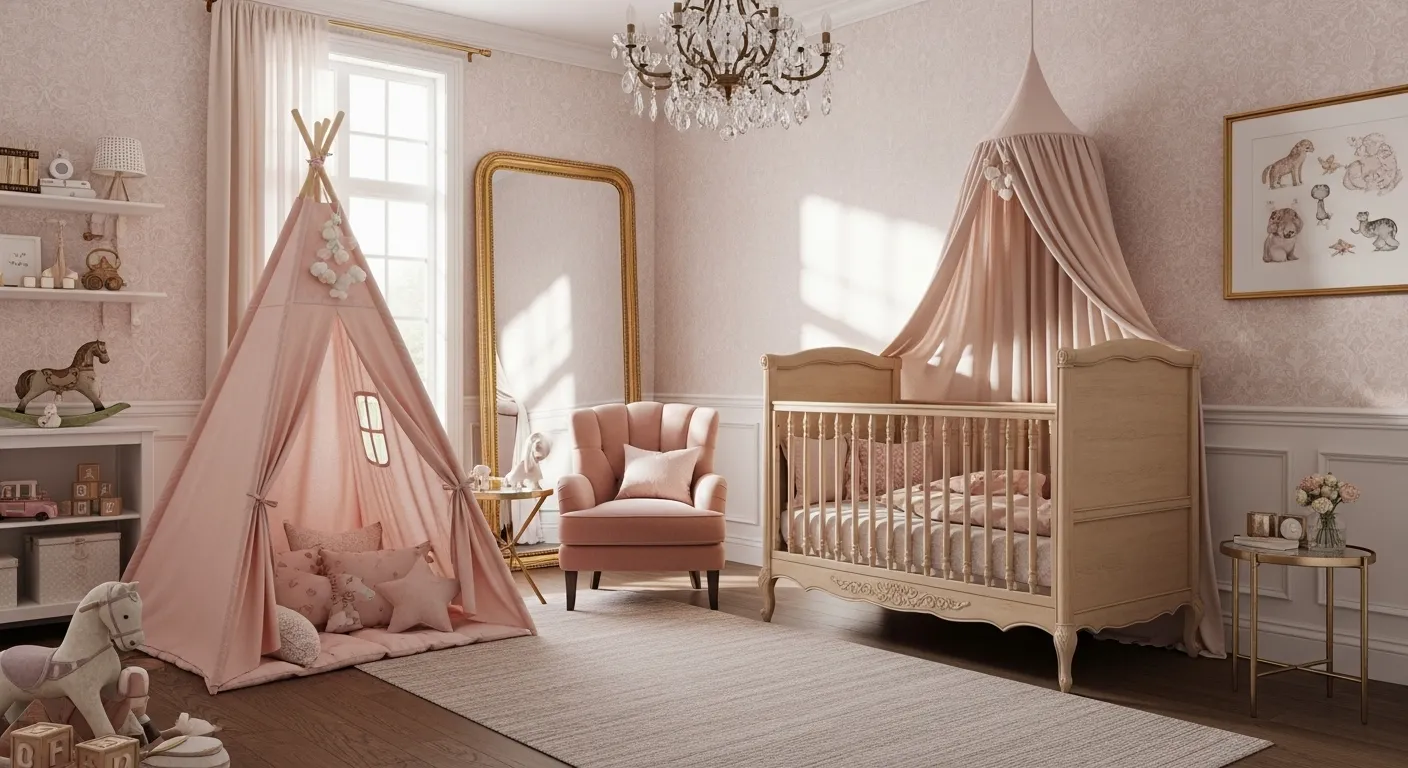Luxury classic nursery in blush tones with a crib, teepee, and elegant decor.