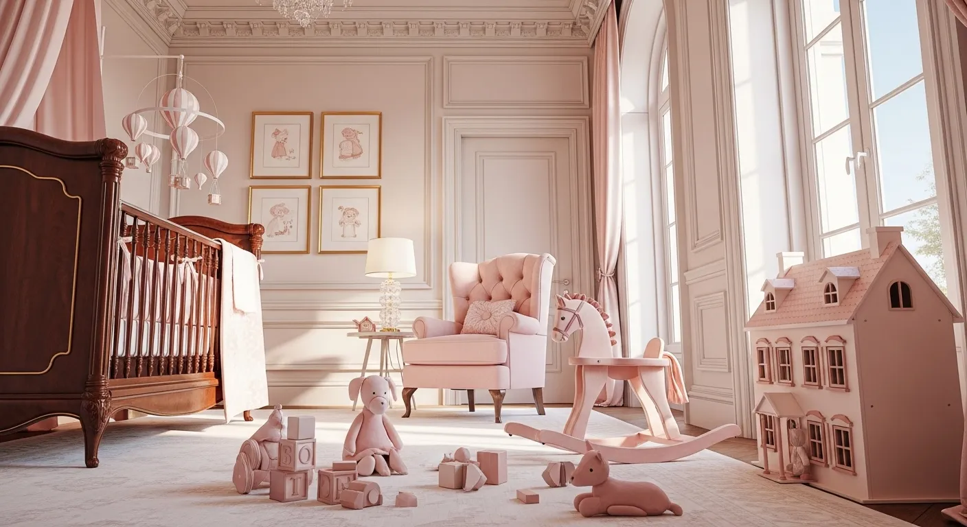 Classic luxury nursery with blush color palette, featuring a crib, rocking horse, and soft decor.