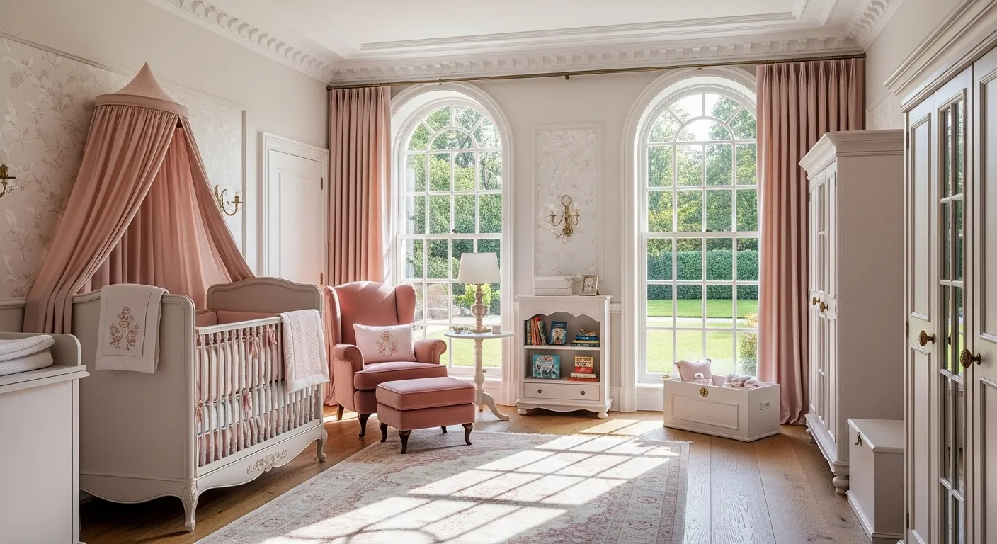 Classic luxury nursery decorated in blush tones with elegant furniture and natural light.