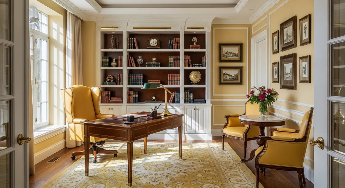 Classic luxury home office featuring butter yellow walls, elegant furniture, and rich decor.