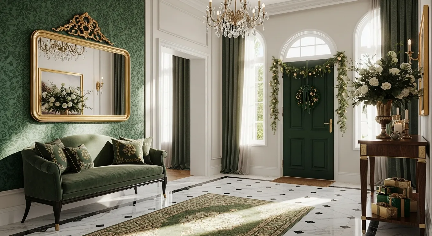 Classic luxury entryway decorated for Christmas with emerald green accents and elegant decor.