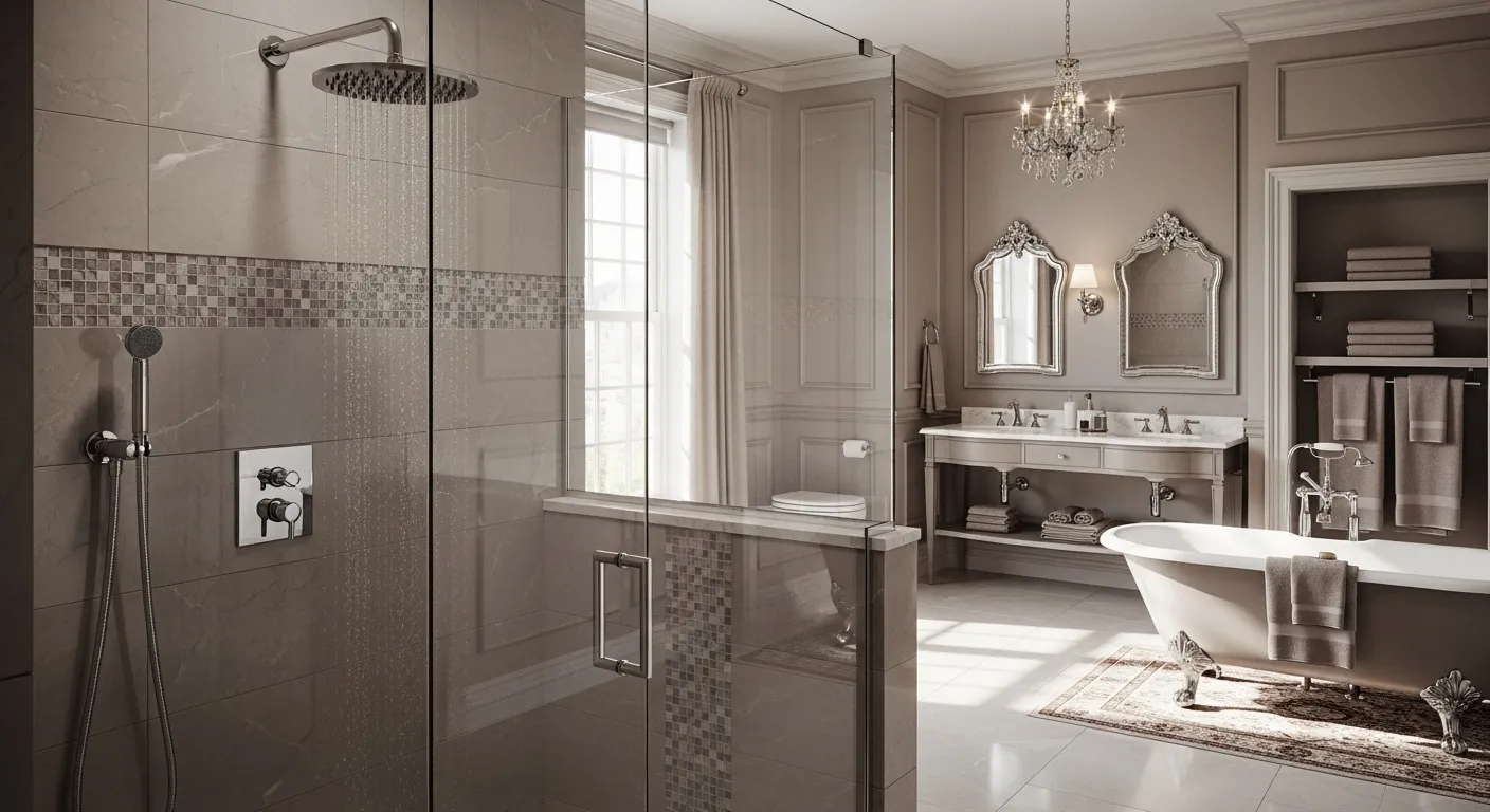 Luxurious classic bathroom in taupe with elegant fixtures and a relaxing atmosphere.