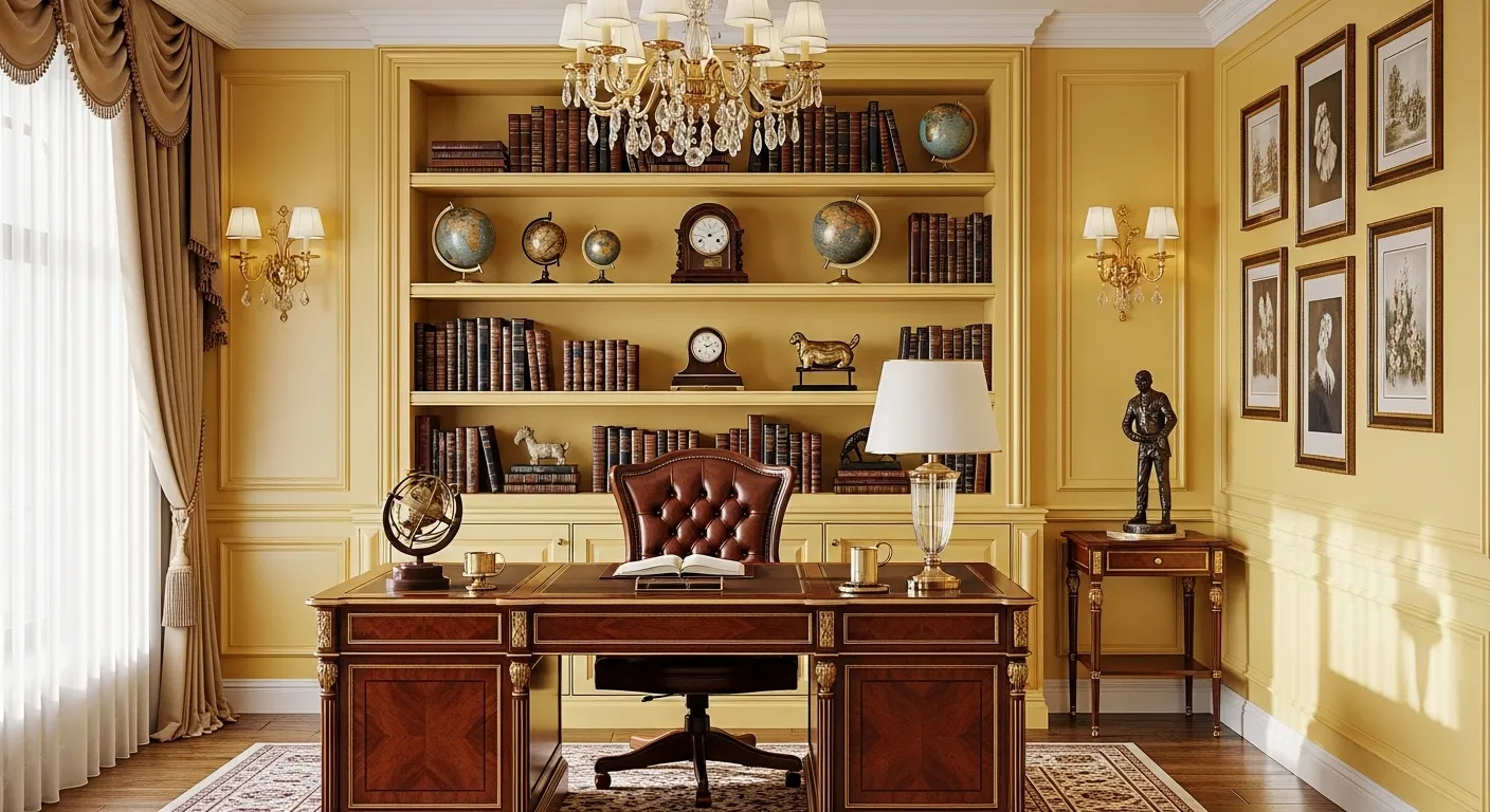 Classic luxury home office with butter yellow walls and elegant furnishings.