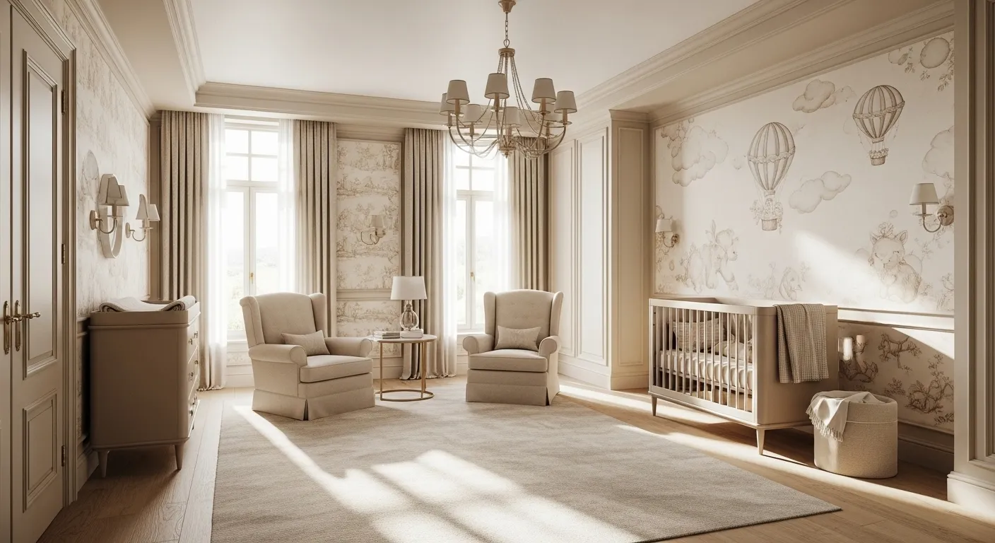 A classic luxury nursery with beige tones, soft furnishings, and whimsical wallpaper featuring hot air balloons.