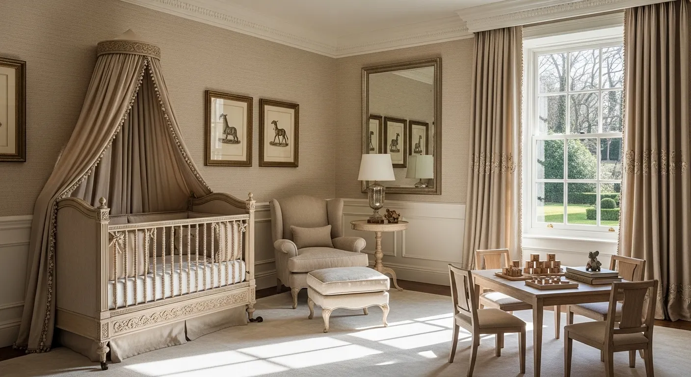 Classic luxury nursery with beige tones, elegant crib, and soft furnishings.