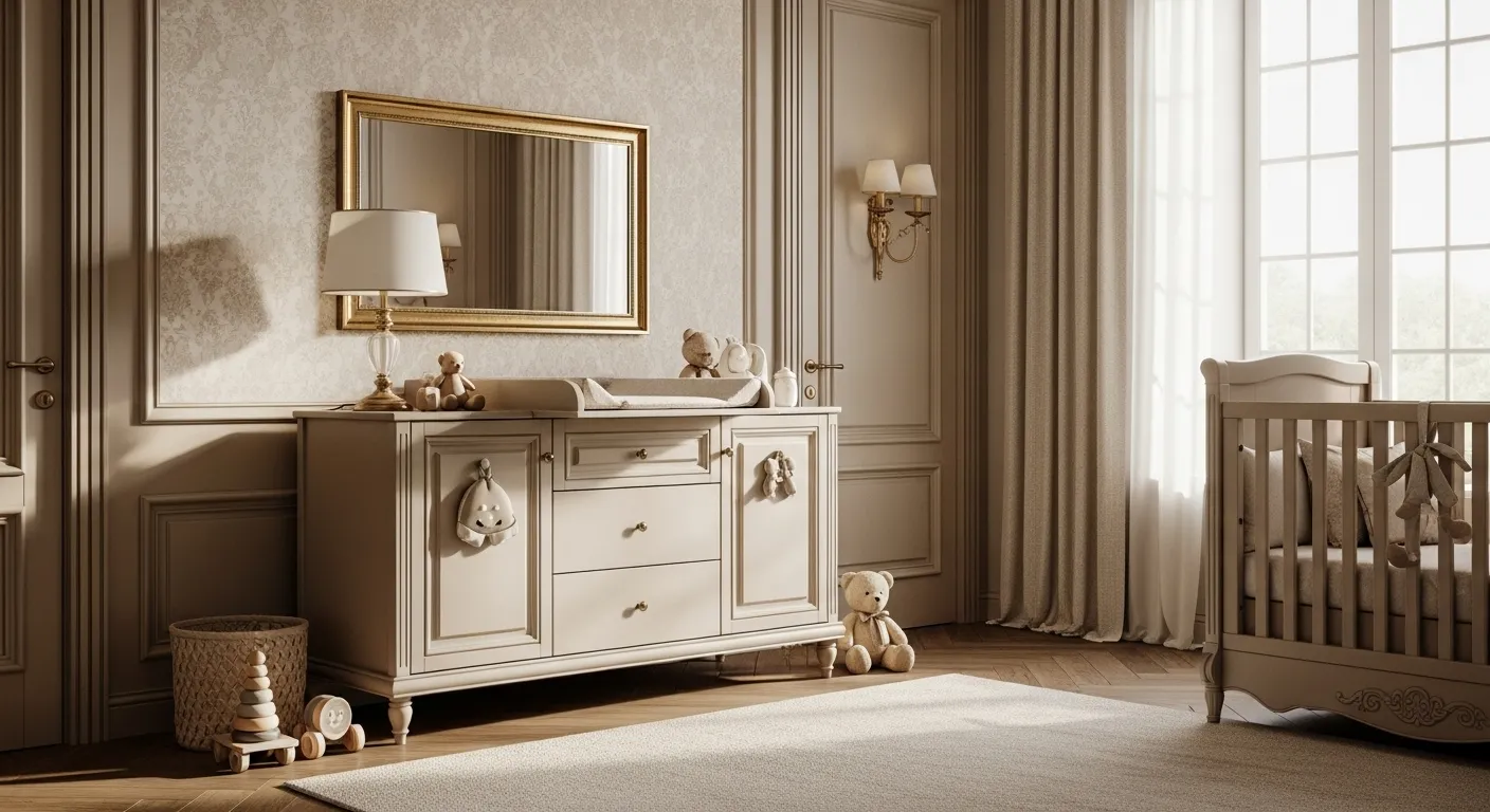 Classic luxury nursery in beige tones featuring elegant furniture and decor.