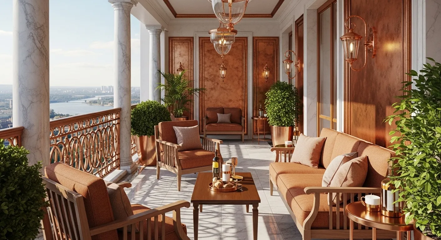 Luxurious outdoor balcony design with copper accents, classic furniture, and lush greenery.