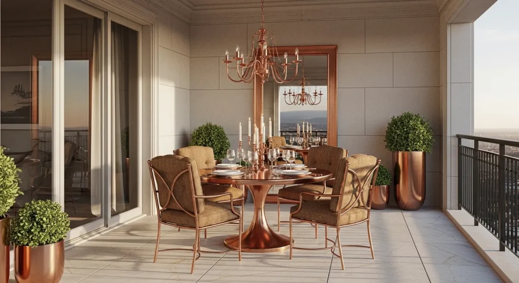 Luxurious outdoor balcony featuring a copper dining set, chandelier, and lush greenery for classic elegance.